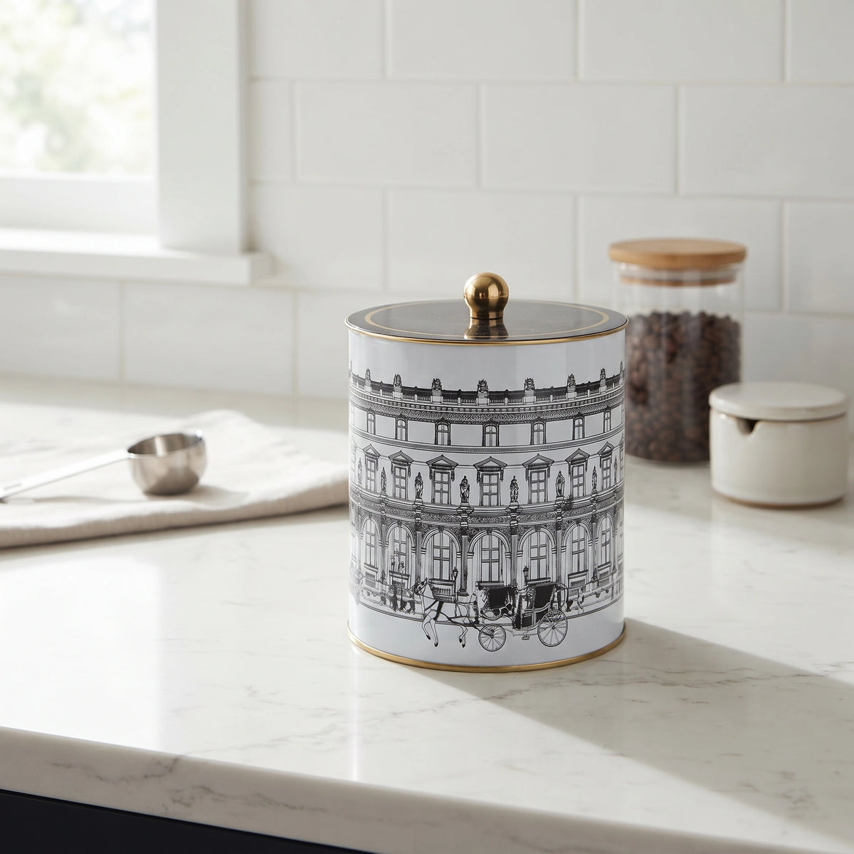 Maria Roma City Bonjour Round Metal Storage Tin with Knob Lid, 4.1 L