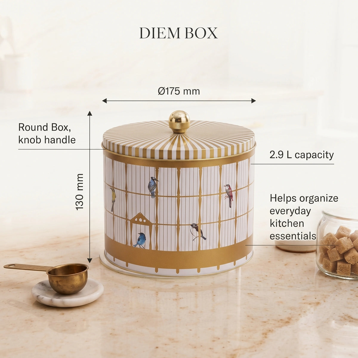 Maria Roma Bird Cage Round Metal Storage Tin with Knob Lid, 2.9 L