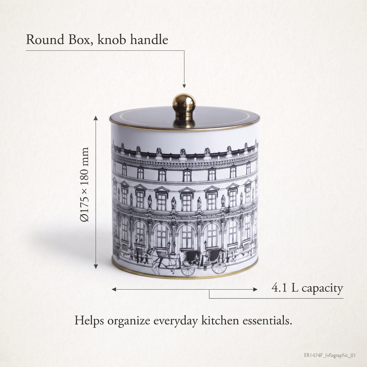 Maria Roma City Bonjour Round Metal Storage Tin with Knob Lid, 4.1 L