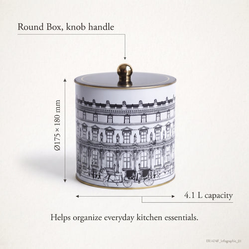 Maria Roma City Bonjour Round Metal Storage Tin with Knob Lid, 4.1 L