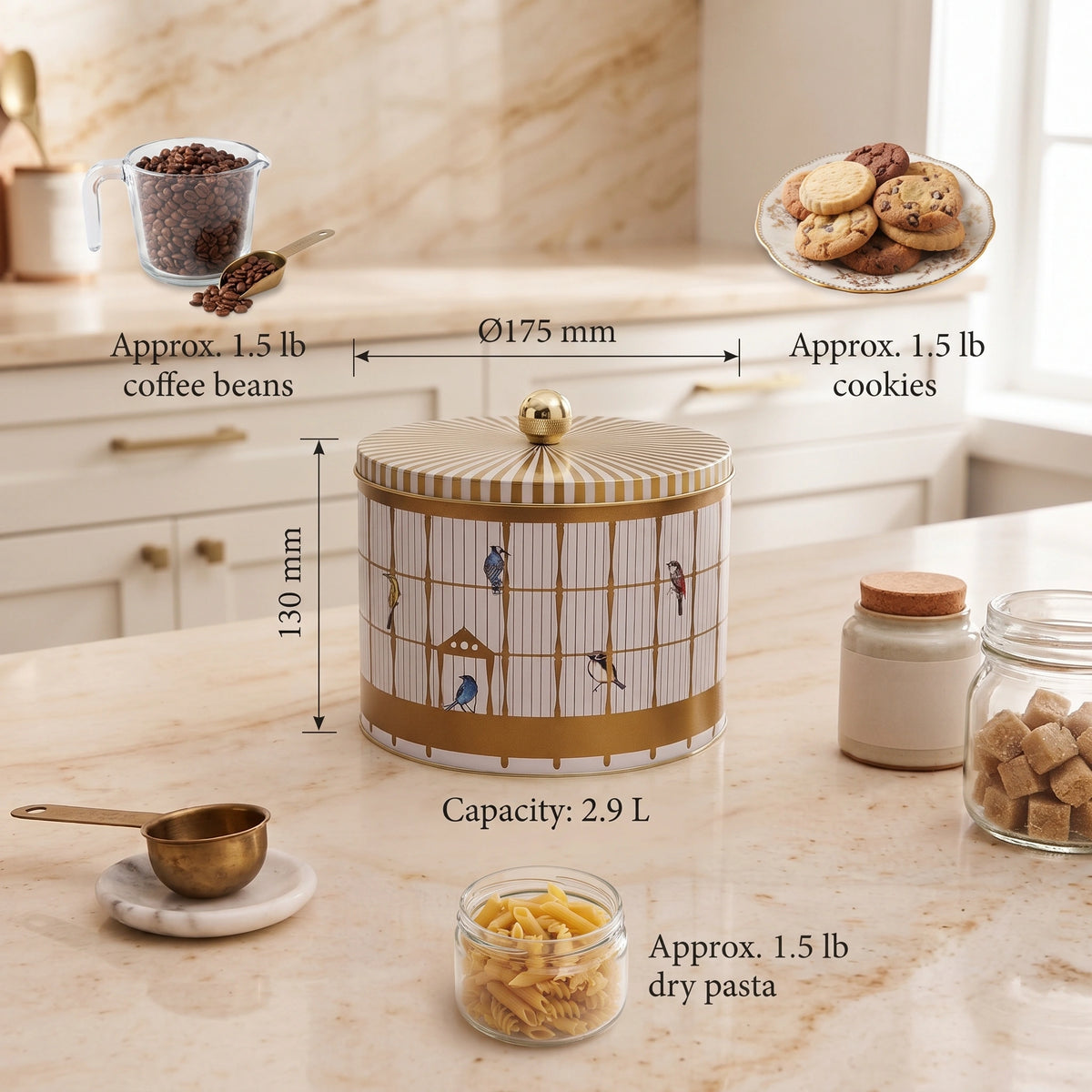 Maria Roma Bird Cage Round Metal Storage Tin with Knob Lid, 2.9 L