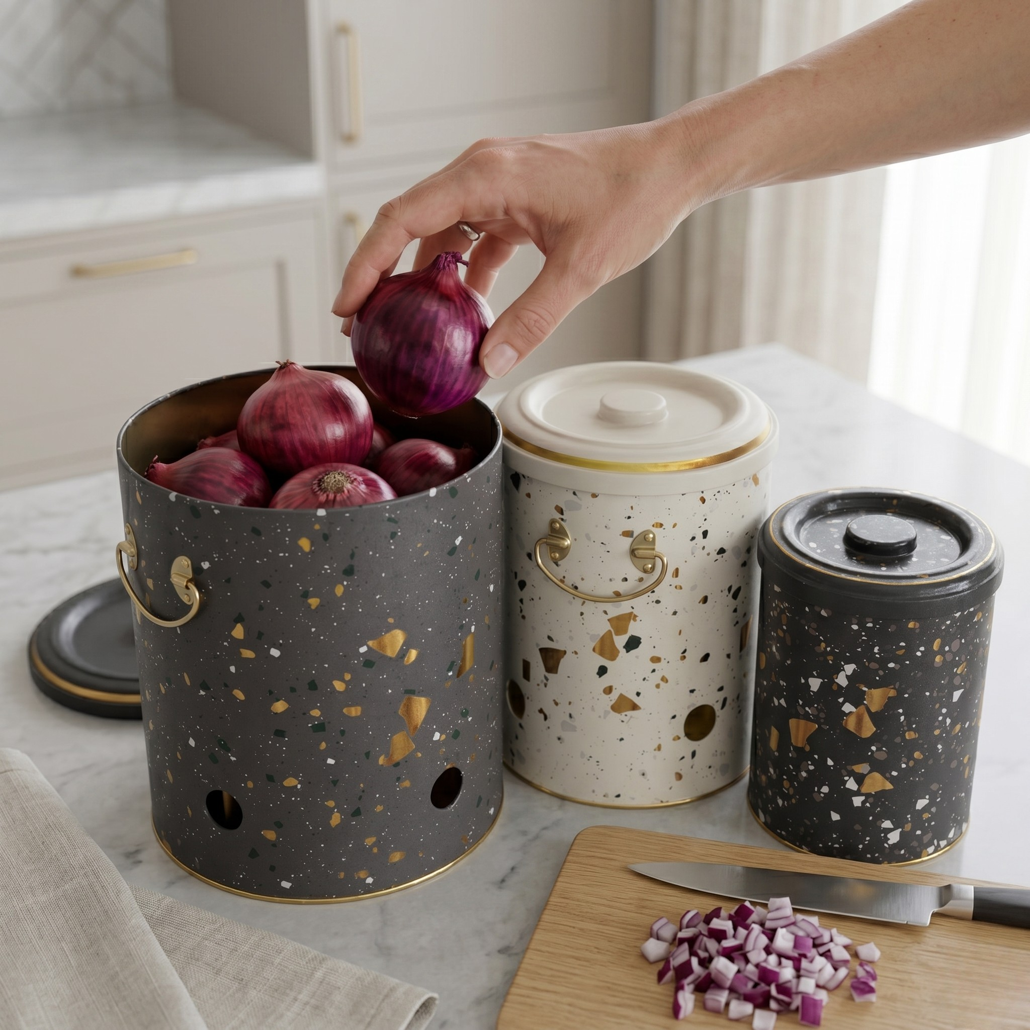 MARIA ROMA Terrazzo 3-Piece Potato Onion Garlic Bin Set - Grey Speckled Metal