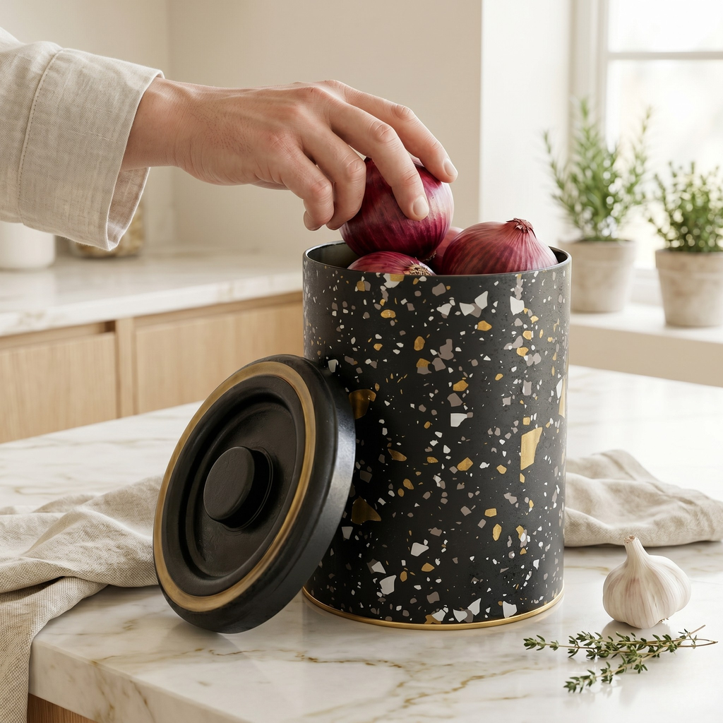 MARIA ROMA Terrazzo 3-Piece Potato Onion Garlic Bin Set - Grey Speckled Metal