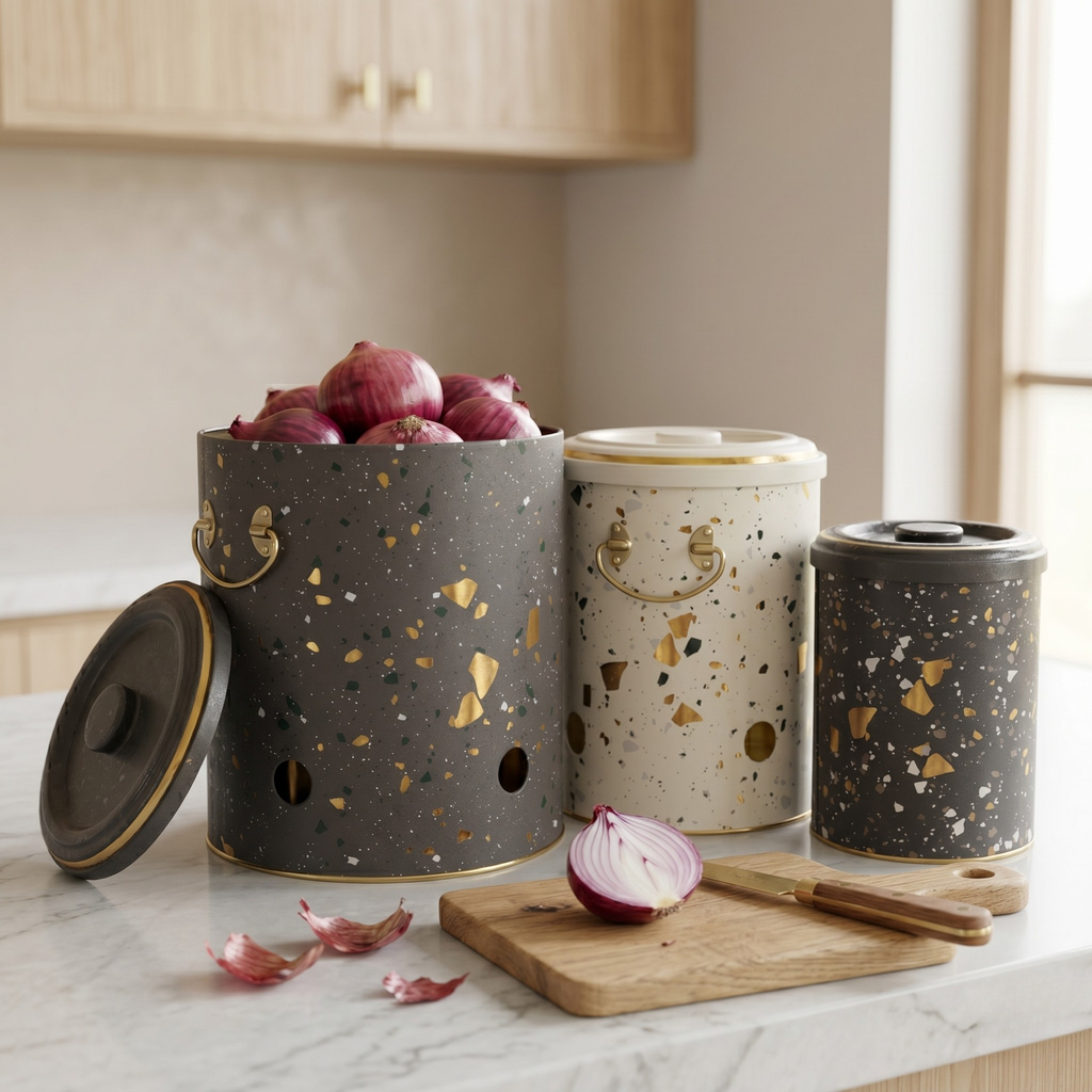 MARIA ROMA Terrazzo 3-Piece Potato Onion Garlic Bin Set - Grey Speckled Metal