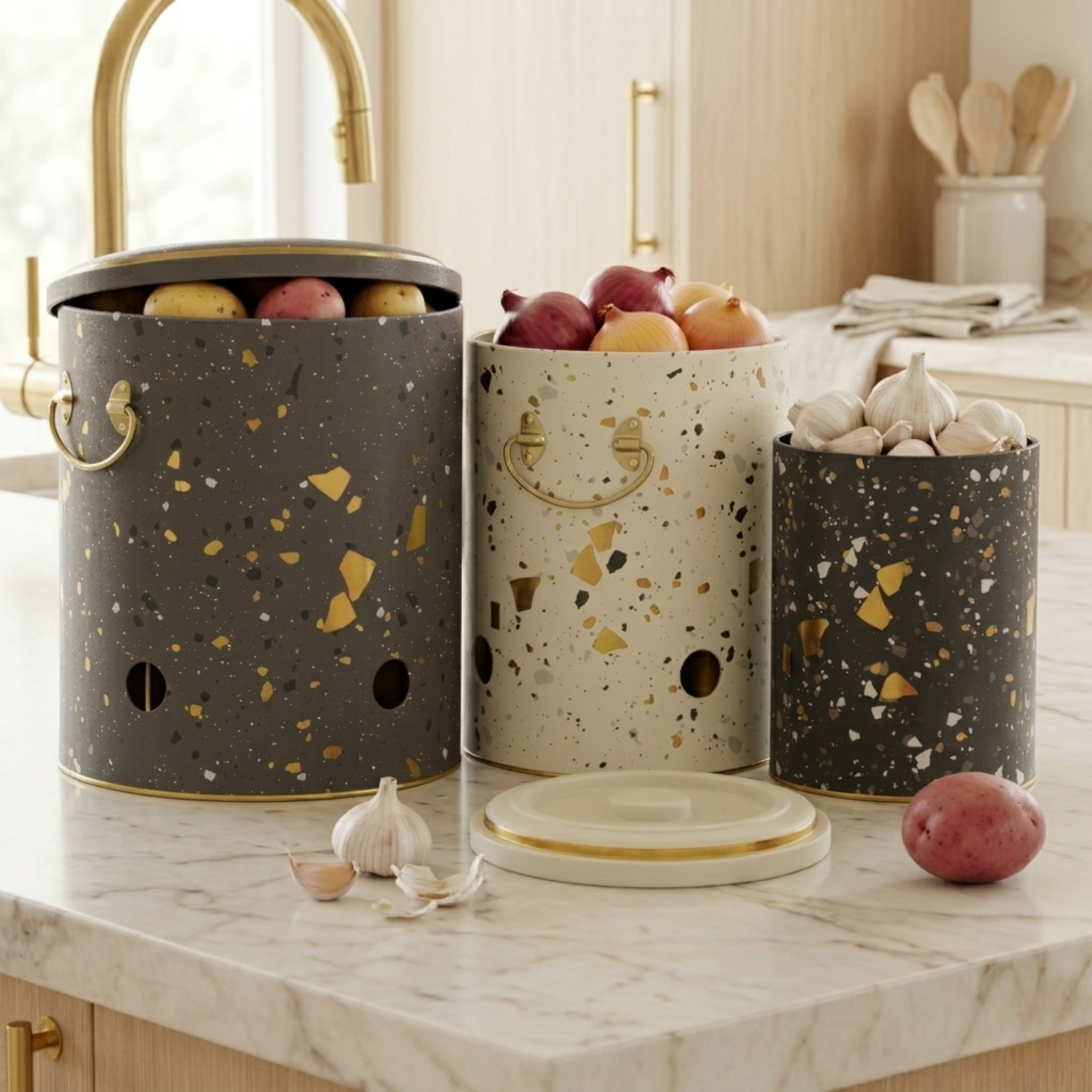 MARIA ROMA Terrazzo 3-Piece Potato Onion Garlic Bin Set - Grey Speckled Metal
