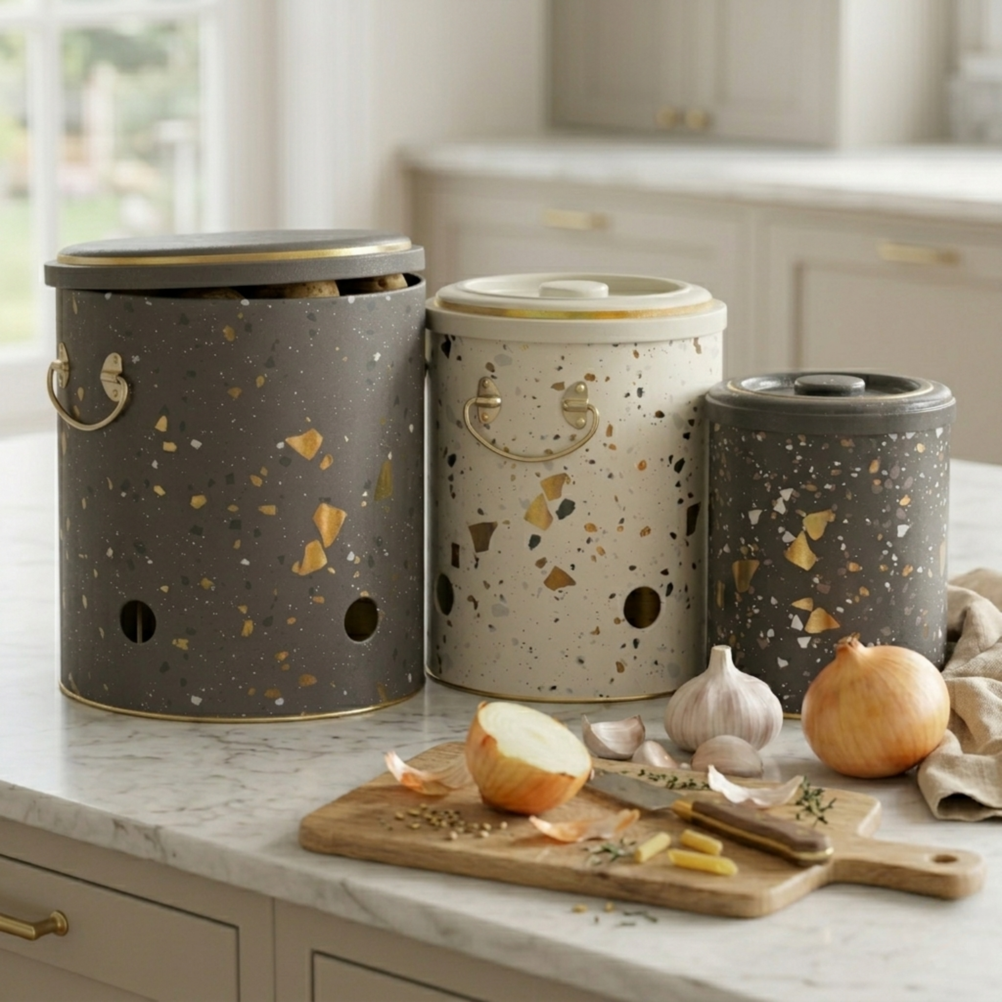 MARIA ROMA Terrazzo 3-Piece Potato Onion Garlic Bin Set - Grey Speckled Metal