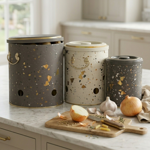 MARIA ROMA Terrazzo 3-Piece Potato Onion Garlic Bin Set - Grey Speckled Metal