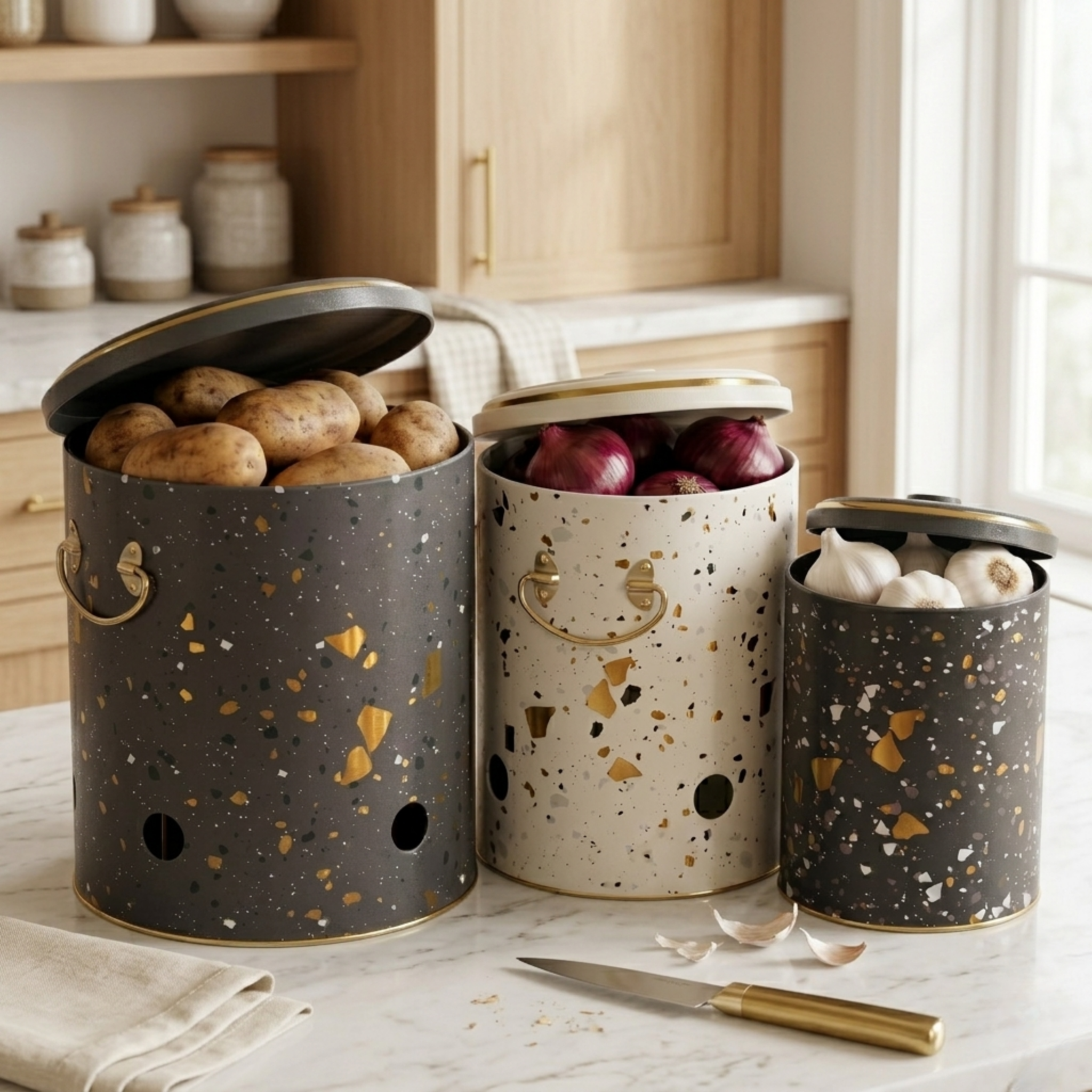 MARIA ROMA Terrazzo 3-Piece Potato Onion Garlic Bin Set - Grey Speckled Metal