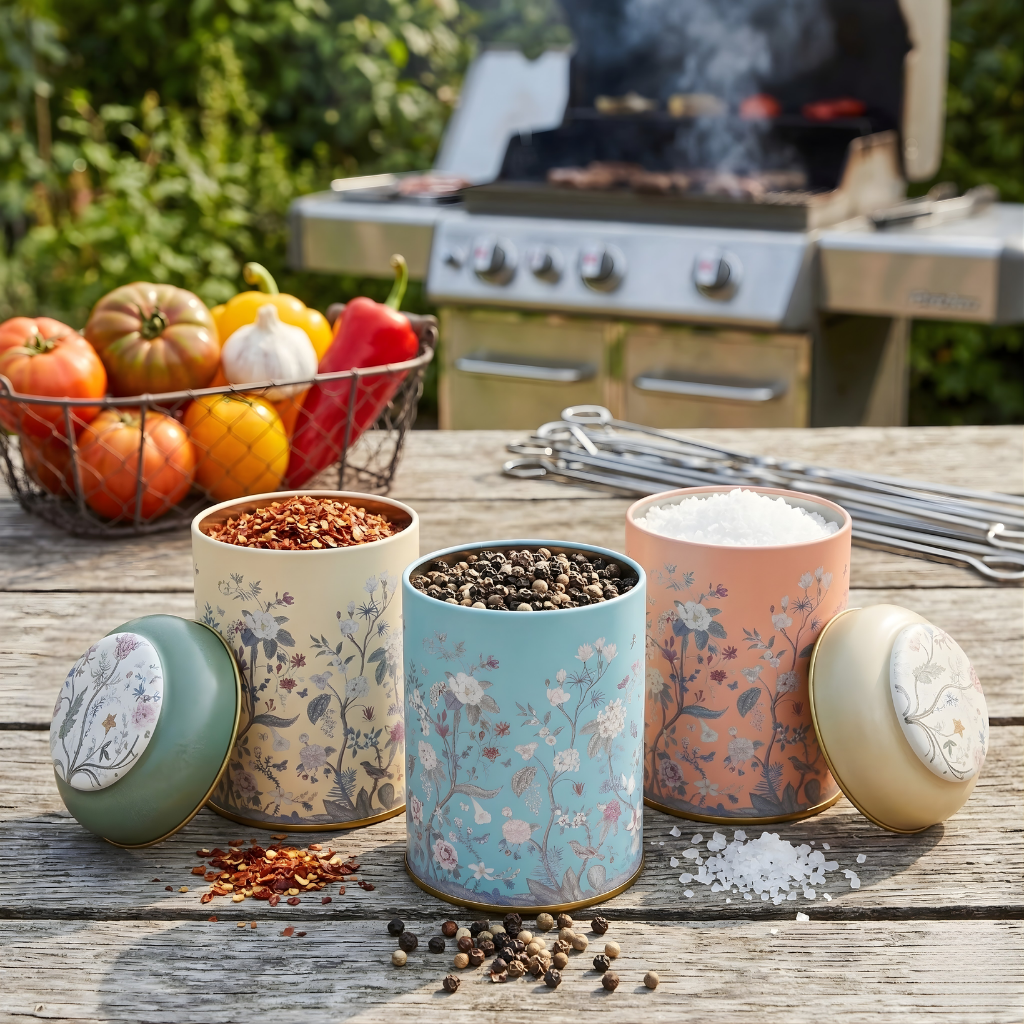 MARIA ROMA Botanica small floral jars used as an outdoor BBQ spice station with chili flakes, peppercorns, and sea salt on a rustic wooden table.