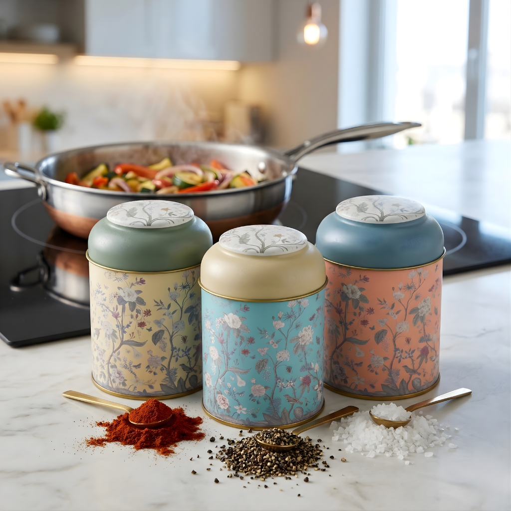 MARIA ROMA Botanica spice jar set with gold spoons featuring paprika, black pepper, and rock salt next to a cooking pan on a modern induction cooktop."