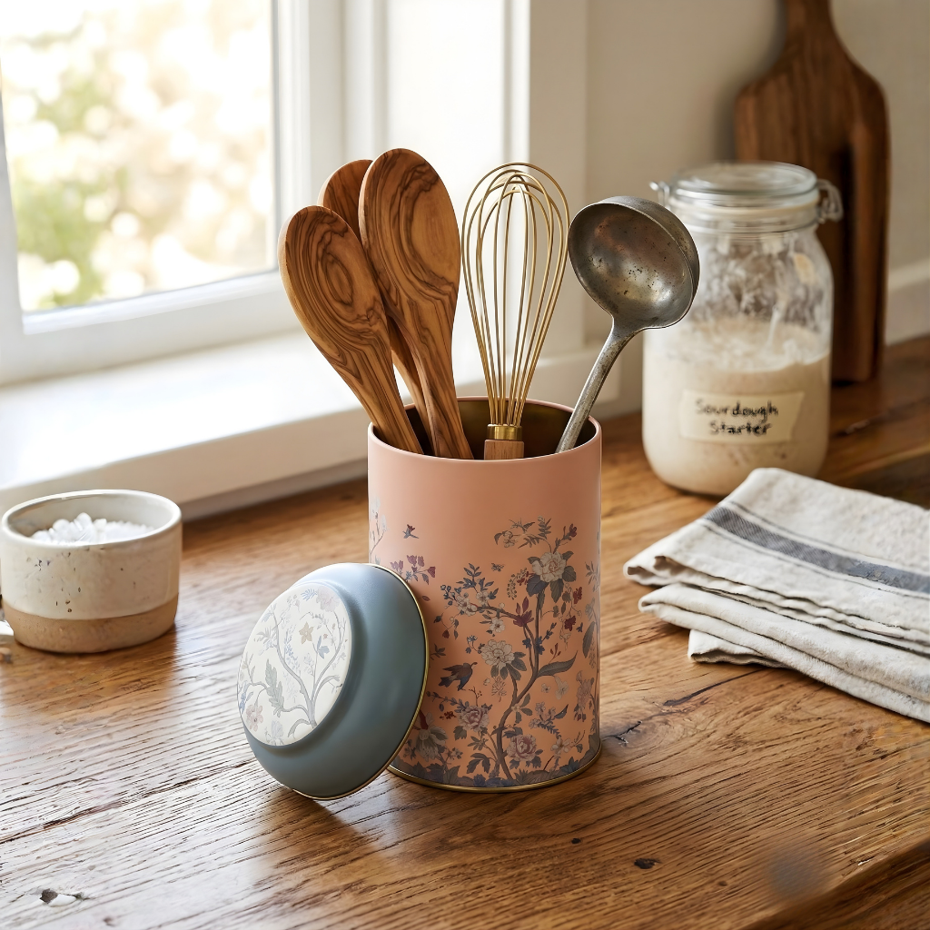 MARIA ROMA Botanica small floral storage canister used as a countertop utensil holder with wooden spoons and a whisk on a rustic wooden surface