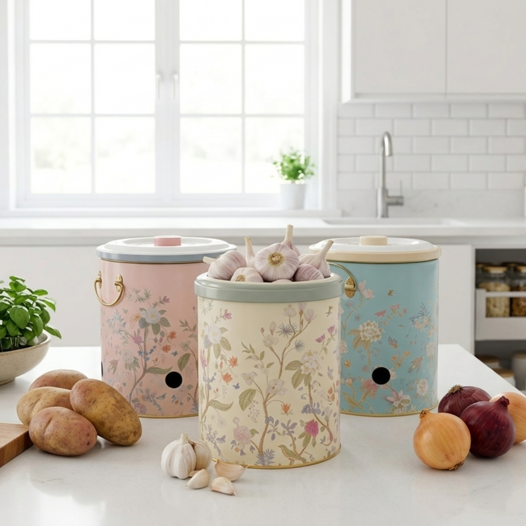 MARIA ROMA Botanica 3-Piece Potato Onion Garlic Bin Set - Floral Metal Canisters