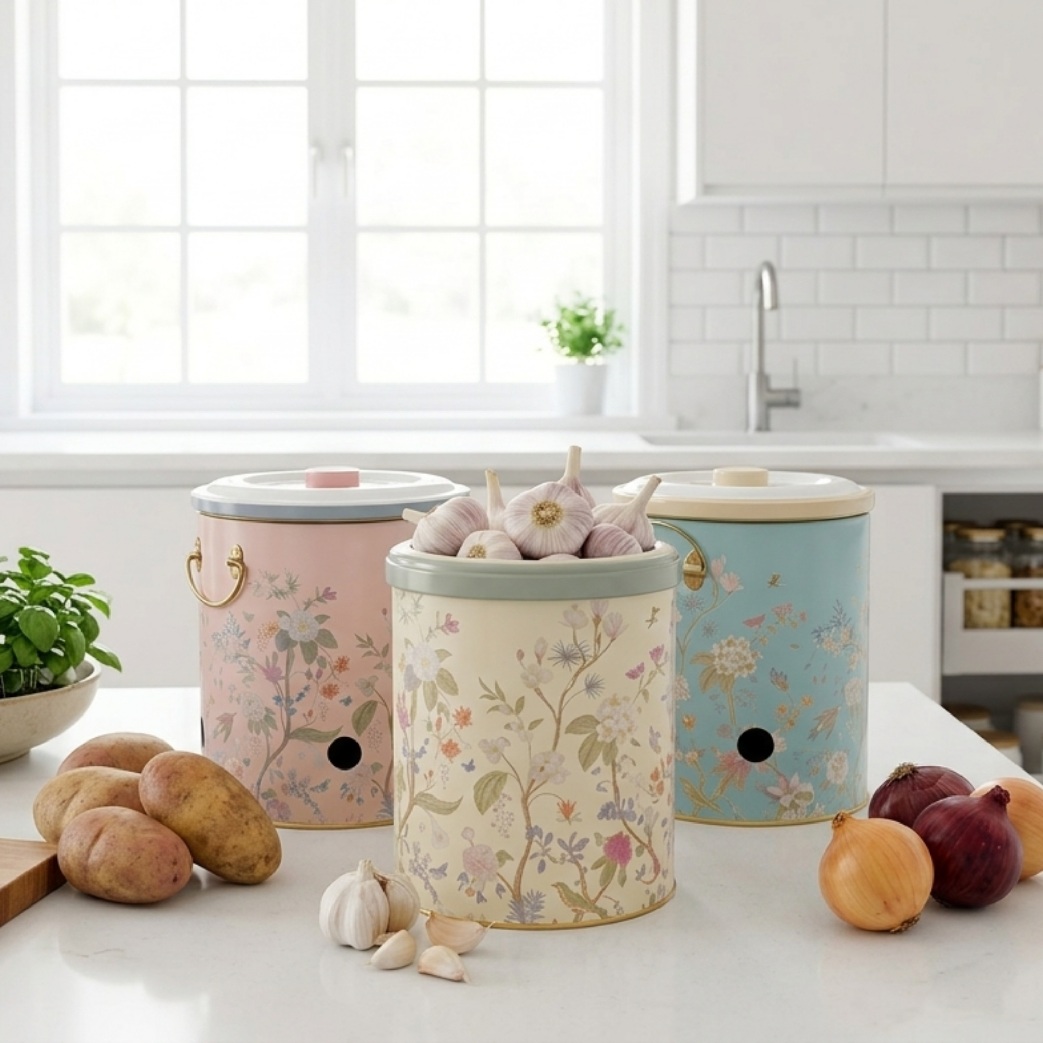 MARIA ROMA Botanica 3-Piece Potato Onion Garlic Bin Set - Floral Metal Canisters