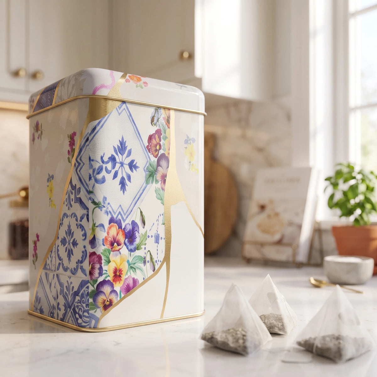 Maria Roma Kintsugi Rose Square Metal Storage Tin, 1.7 L