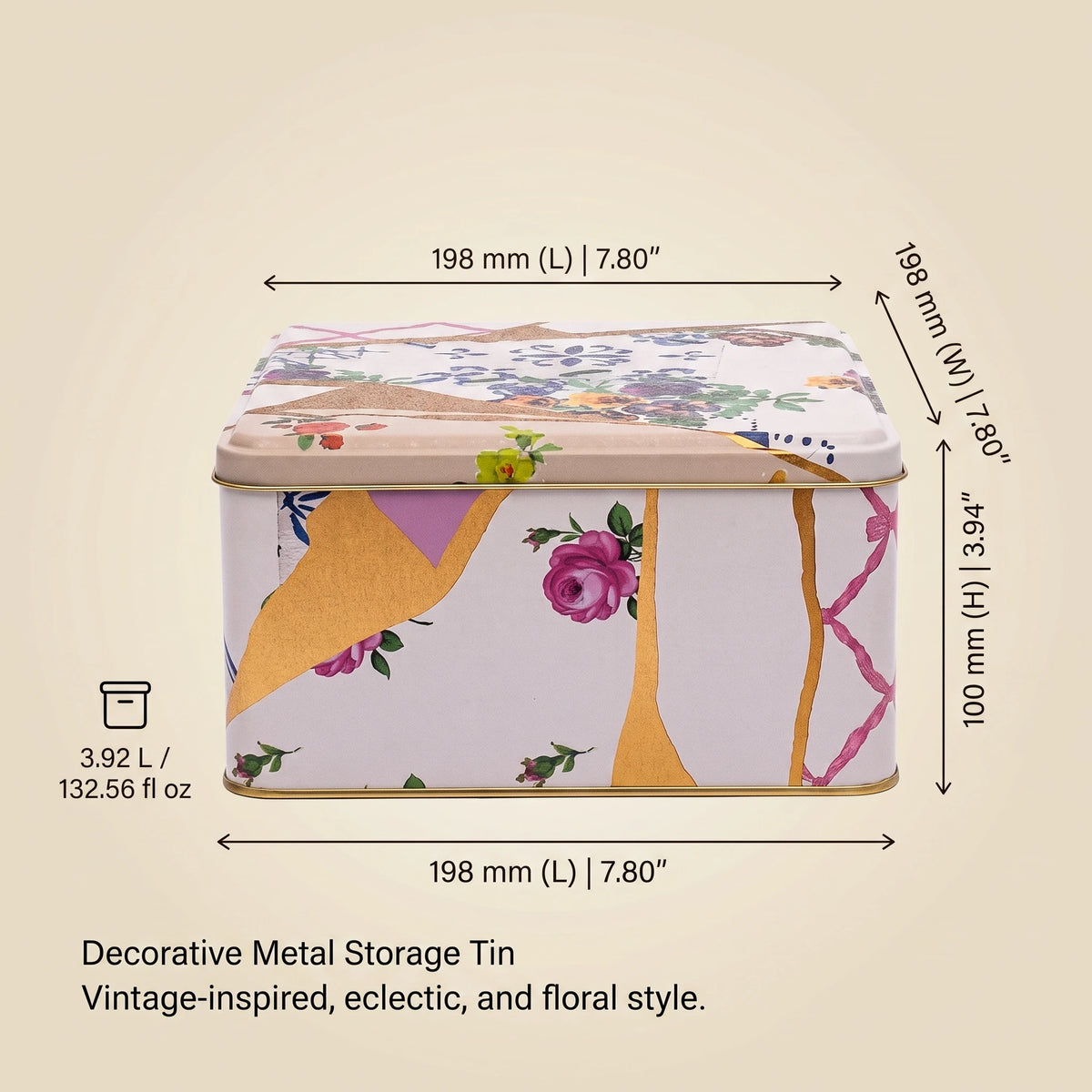 Maria Roma Kintsugi Square Metal Storage Tin, 3.7 L