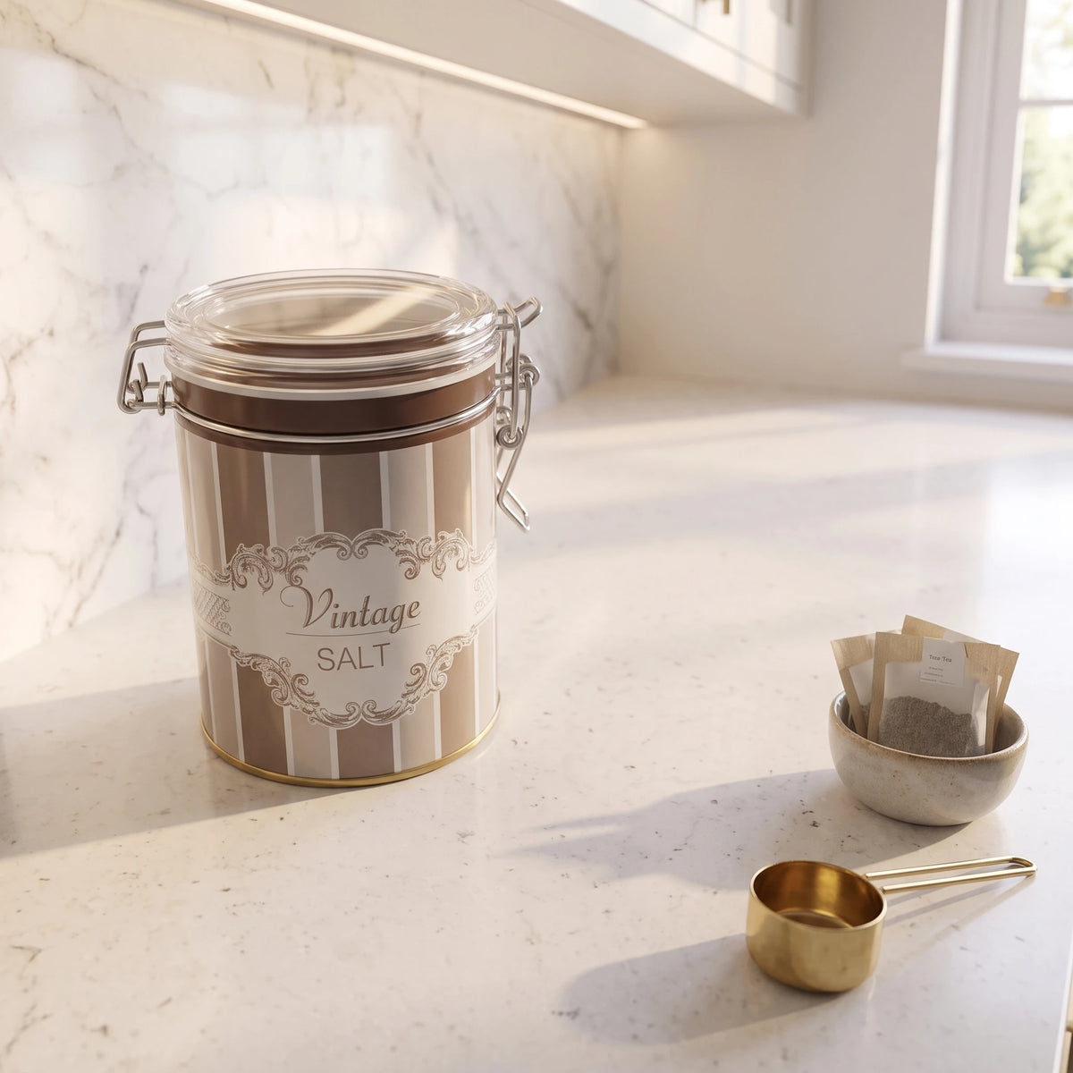 Maria Roma Elegance Round Metal Salt Storage Tin with Clear Wire-Clasp Lid, 0.6 L
