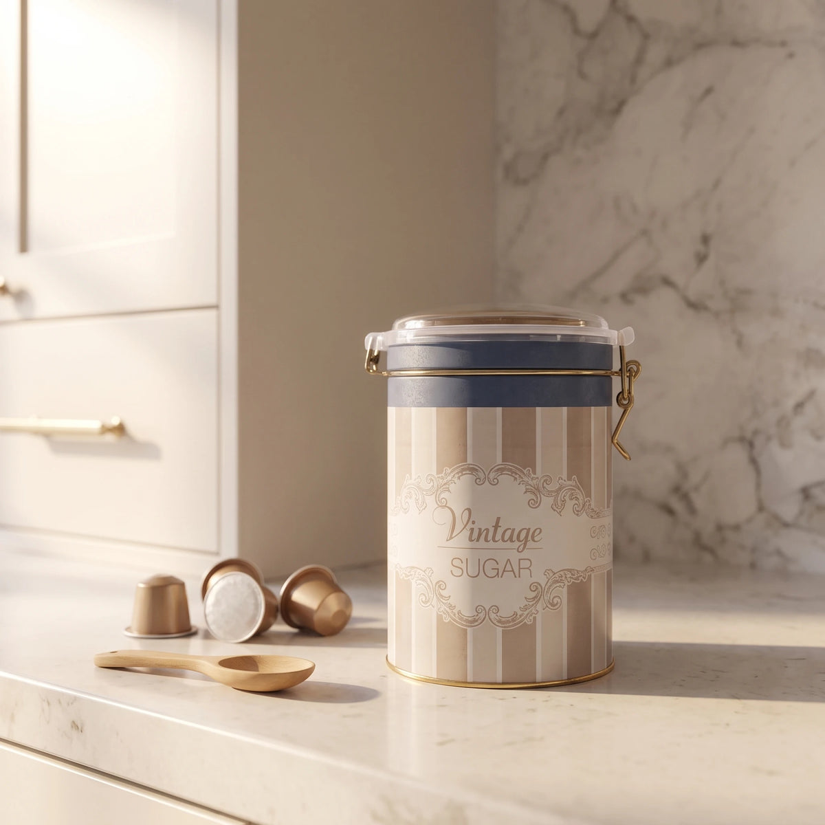 Maria Roma Elegance Round Metal Sugar Storage Tin with Clear Wire-Clasp Lid, 1.1 L