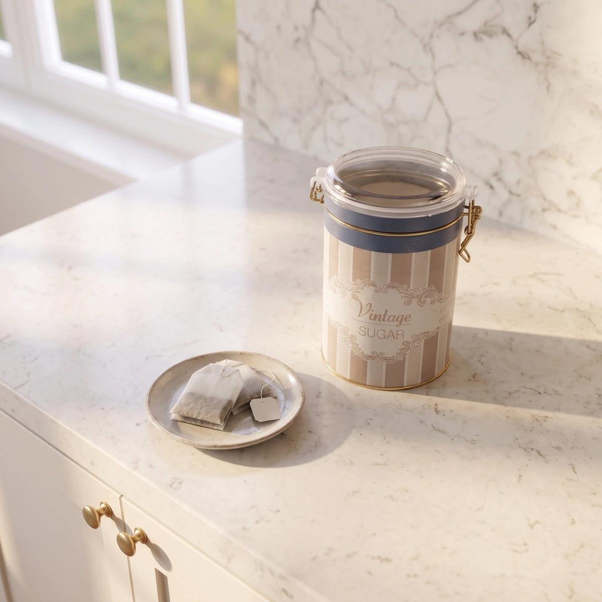 Maria Roma Elegance Round Metal Sugar Storage Tin with Clear Wire-Clasp Lid, 1.1 L
