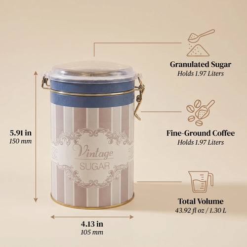 Maria Roma Elegance Round Metal Sugar Storage Tin with Clear Wire-Clasp Lid, 1.1 L
