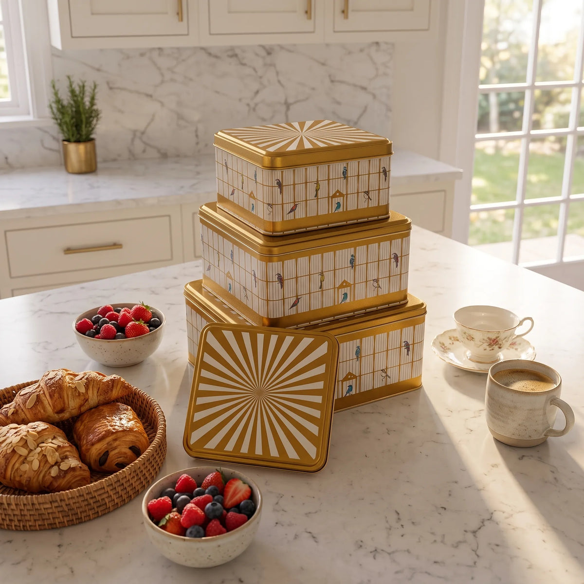 MARIA ROMA Bird Cage 3-Piece Coffee Sugar Tea Bin Set - Square Metal Canisters