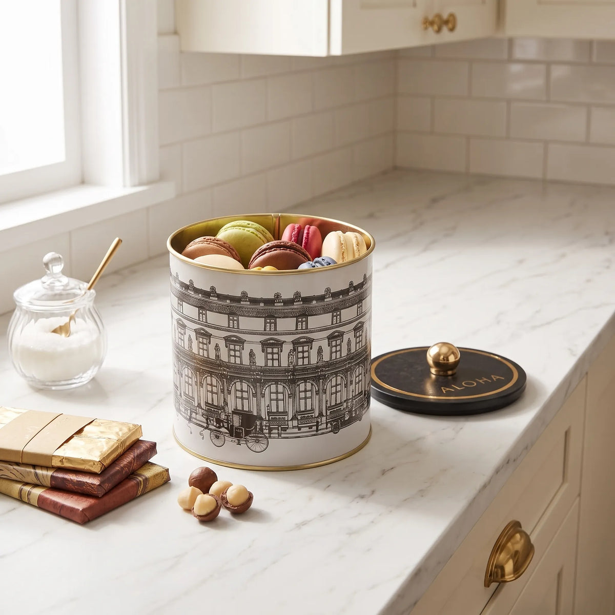 Maria Roma City Bonjour Round Metal Storage Tin with Knob Lid, 2.1 L