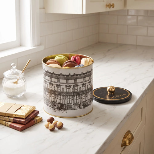 Maria Roma City Bonjour Round Metal Storage Tin with Knob Lid, 2.1 L