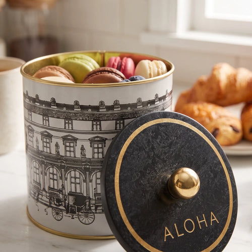 Maria Roma City Bonjour Round Metal Storage Tin with Knob Lid, 2.1 L