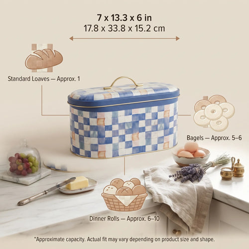 Maria Roma Blue Checkers Metal Bread Box, 7 L