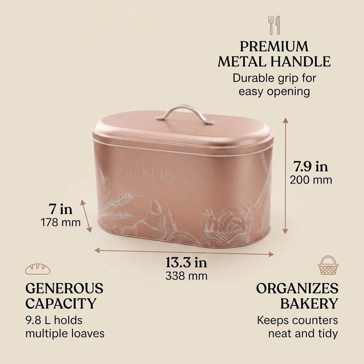 Maria Roma Bakery Rose Gold Metal Bread Box, 10.4 L