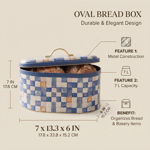 Maria Roma Blue Checkers Metal Bread Box, 7 L