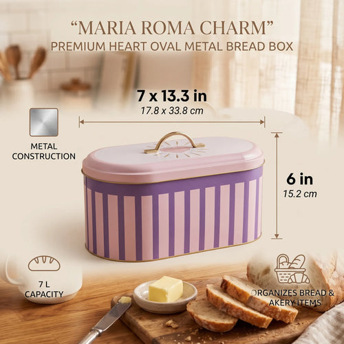 Maria Roma Pink Checkers Metal Bread Box, 7 L, 17.8 × 33.8 × 15.2 cm