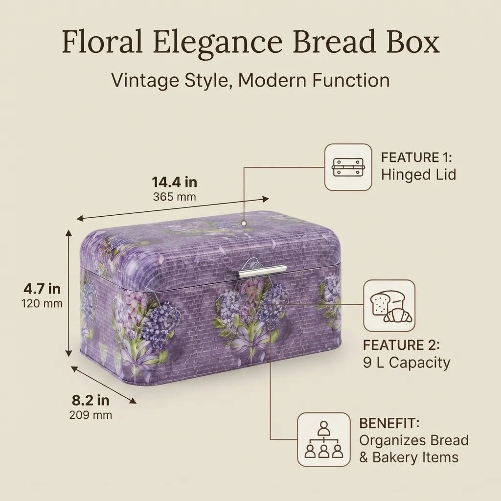 Maria Roma Flower Purple Metal Bread Box, 9 L