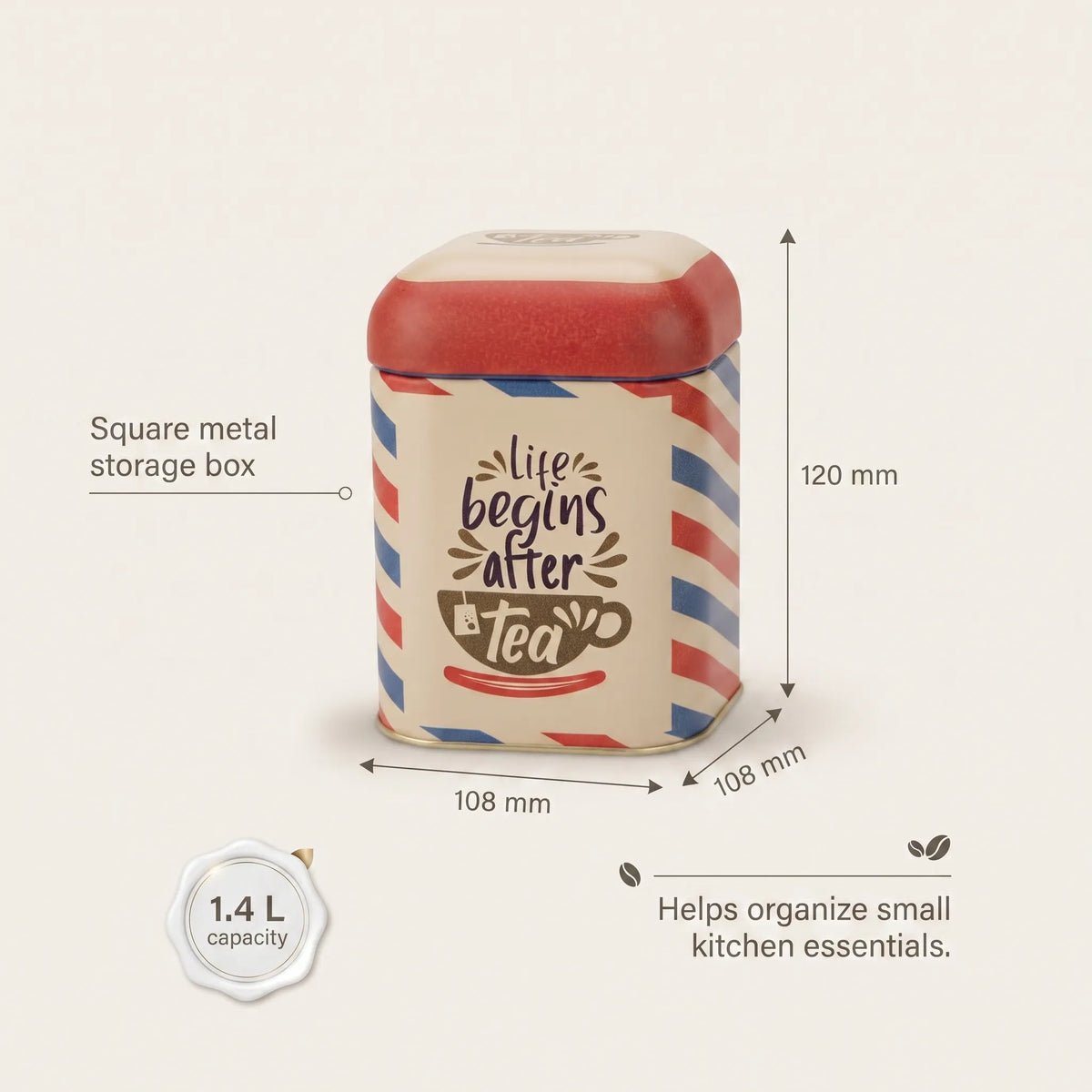 Maria Roma Post Square Metal Tea Storage Tin, 1.4 L