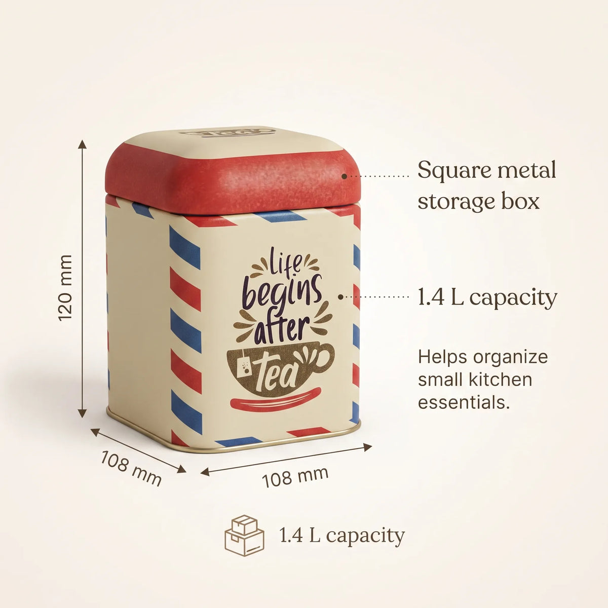 Maria Roma Post Square Metal Tea Storage Tin, 1.4 L