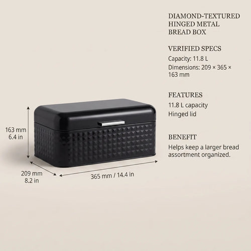 Maria Roma Black Prism Metal Bread Box, 11.8 L