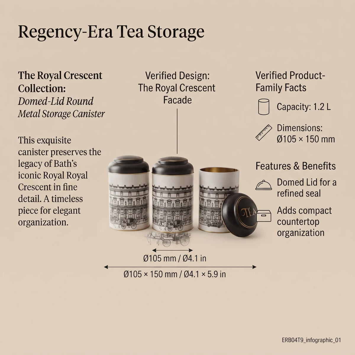 Maria Roma City Round Metal Storage Tin Set of 3, 10.5 × 10.5 × 15 cm