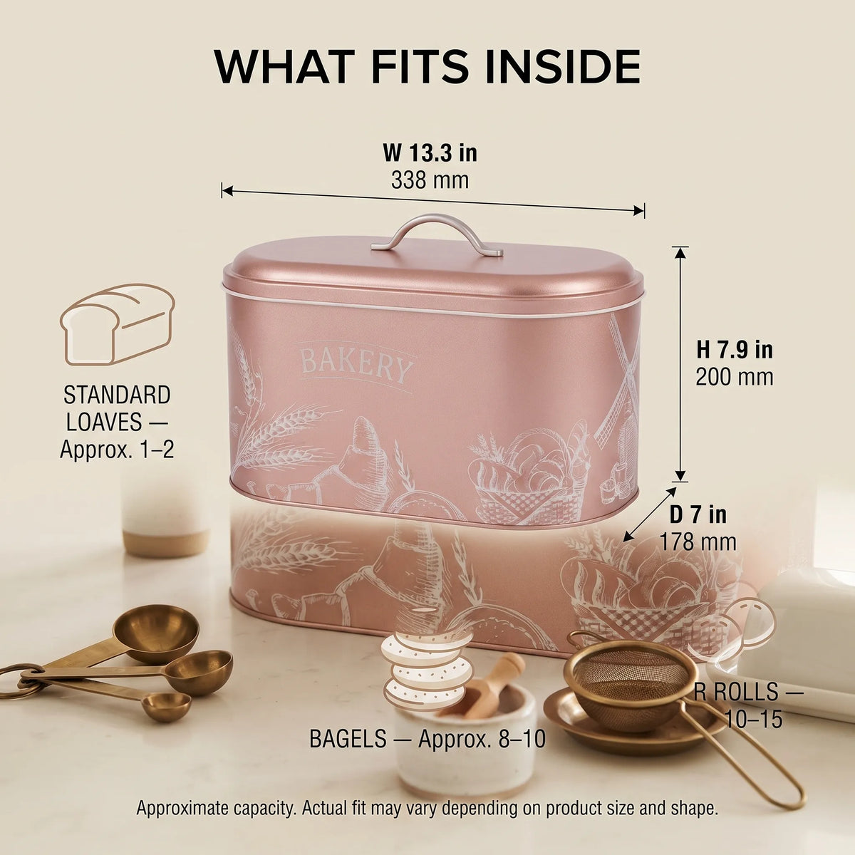 Maria Roma Bakery Rose Gold Metal Bread Box, 10.4 L