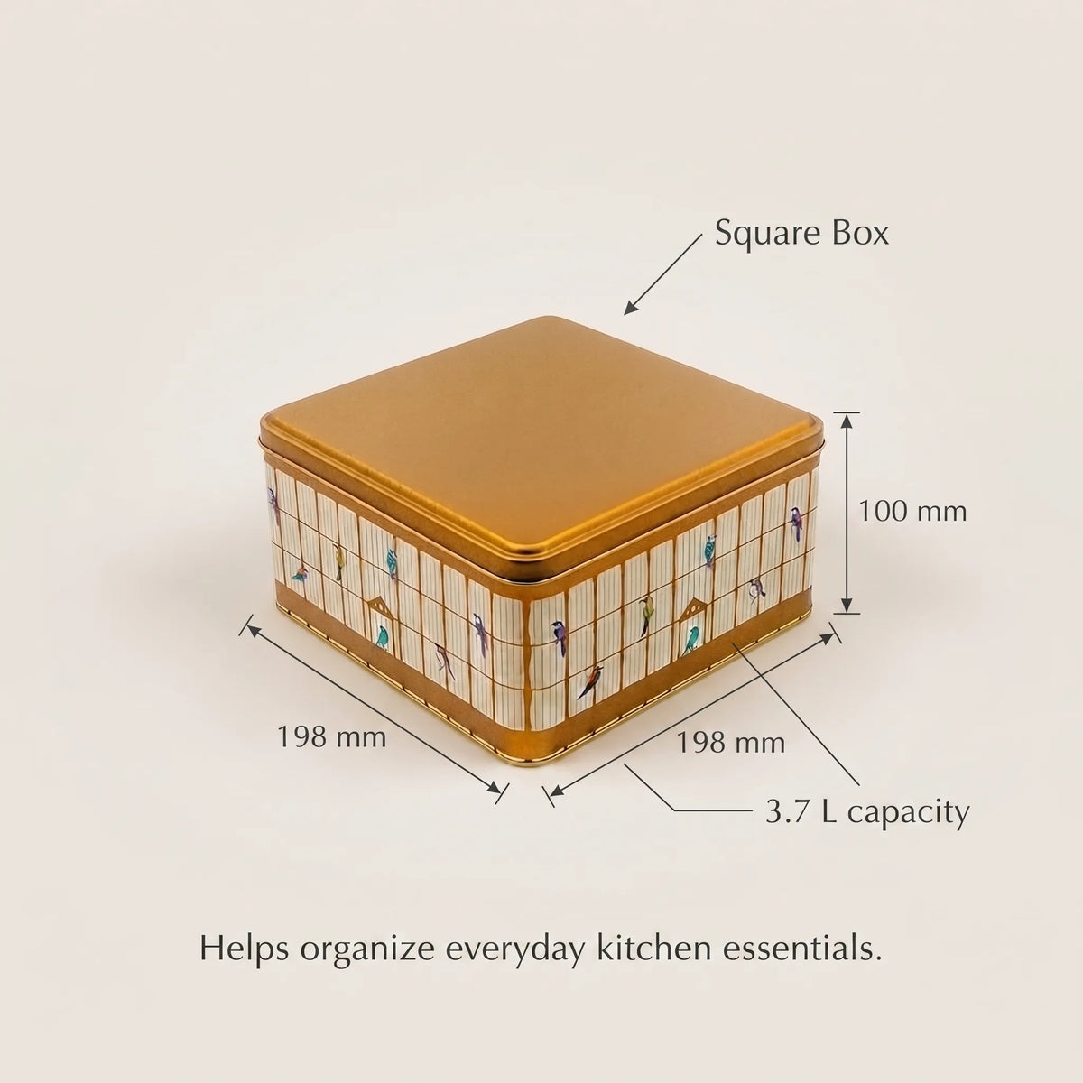 Maria Roma Bird Cage Gold Square Metal Storage Tin, 3.7 L