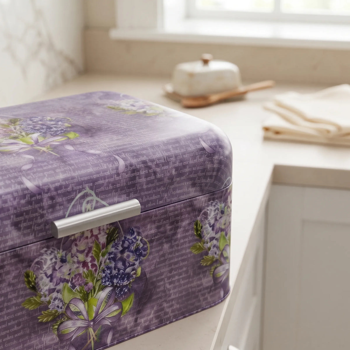 Maria Roma Flower Purple Metal Bread Box, 9 L