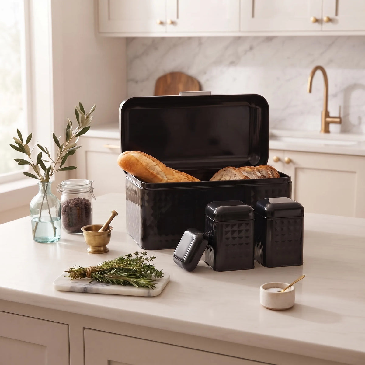Maria Roma Black Prism Metal Bread Box and Canister Set of 4