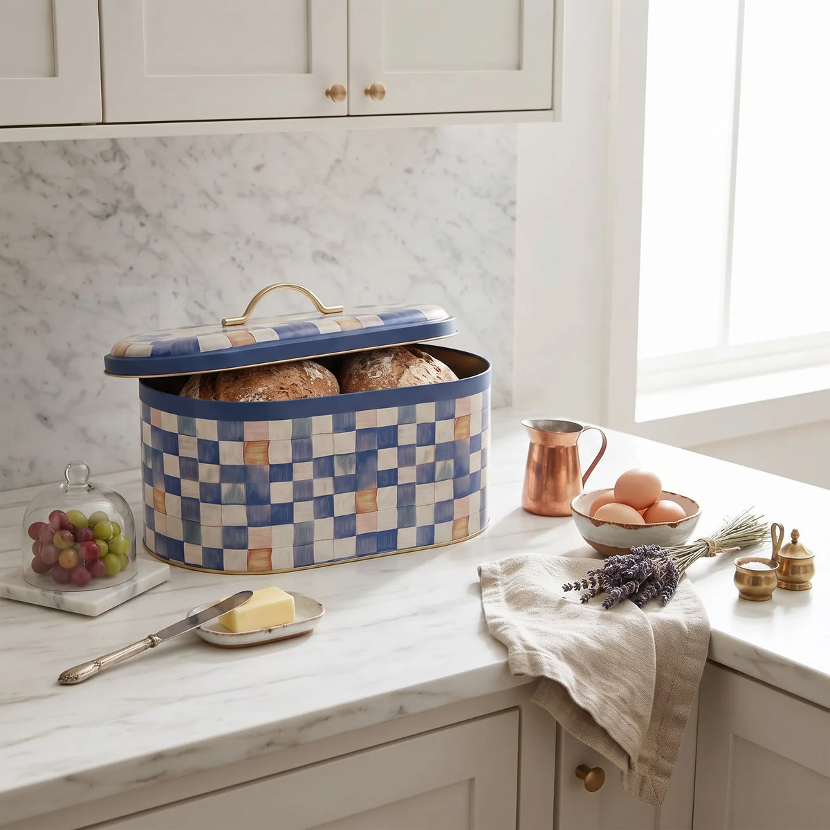 Maria Roma Blue Checkers Metal Bread Box, 7 L