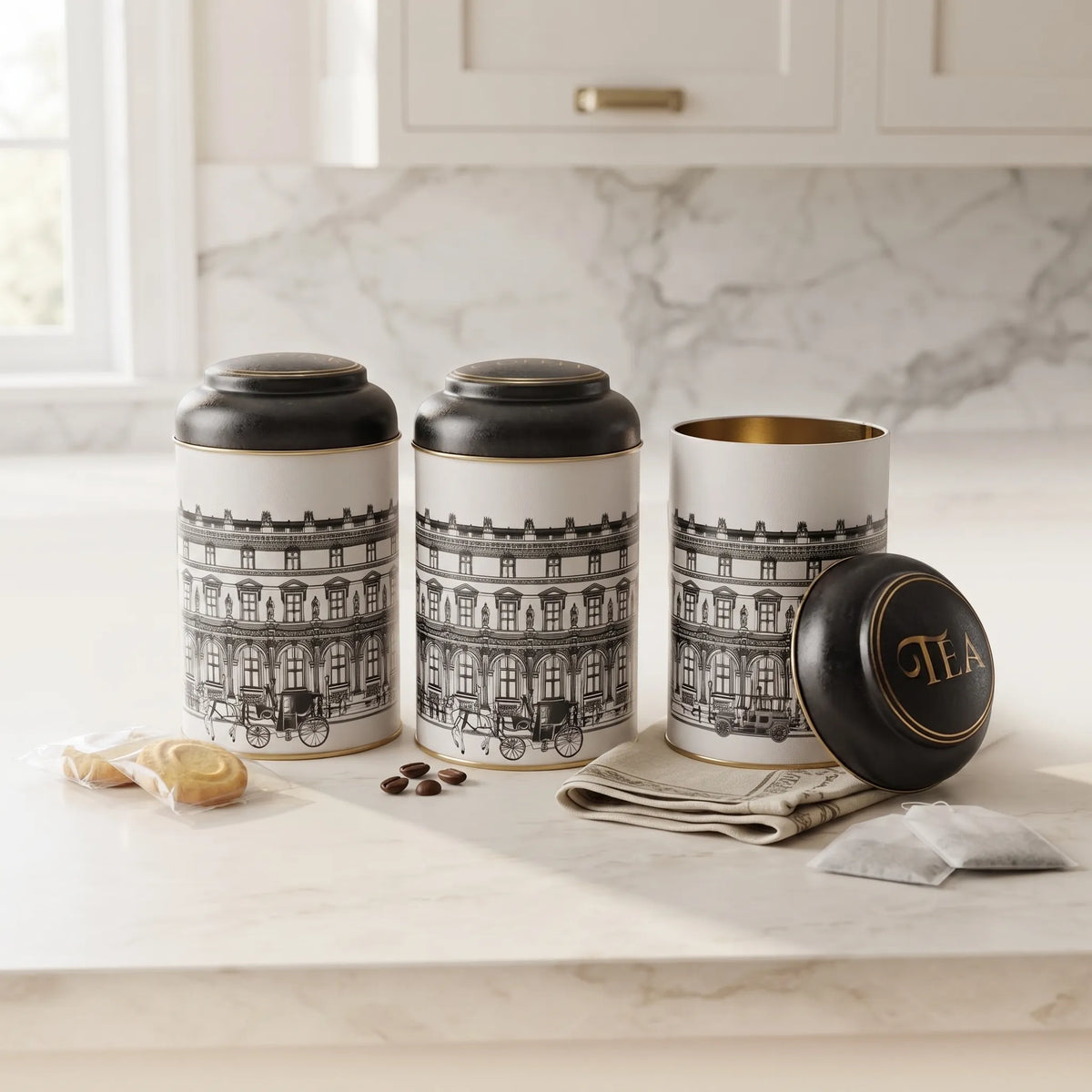 Maria Roma City Round Metal Storage Tin Set of 3, 10.5 × 10.5 × 15 cm