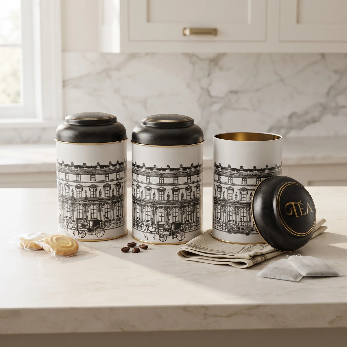 Maria Roma City Round Metal Storage Tin Set of 3, 10.5 × 10.5 × 15 cm