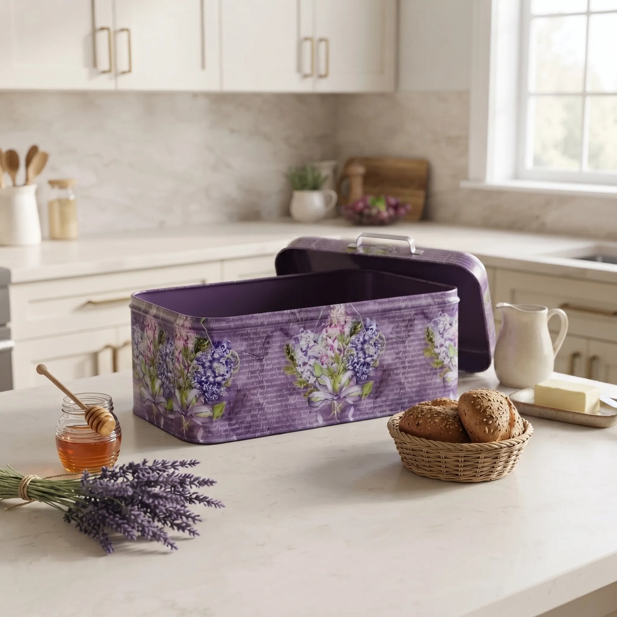 Maria Roma Flower Purple Metal Bread Box, 9 L