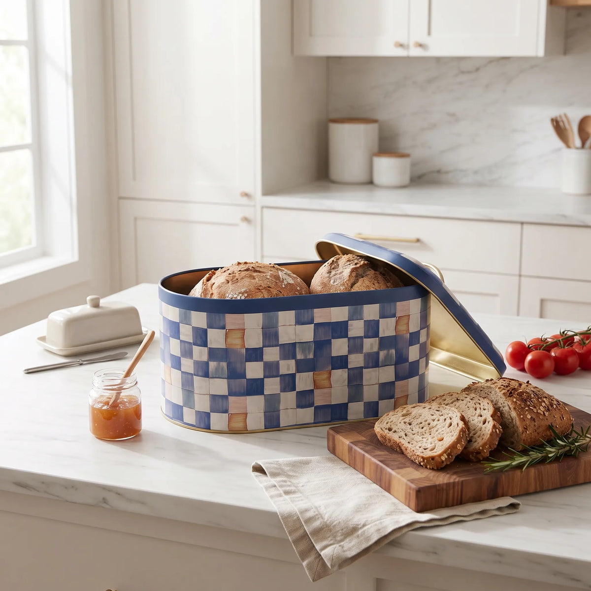 Maria Roma Blue Checkers Metal Bread Box, 7 L