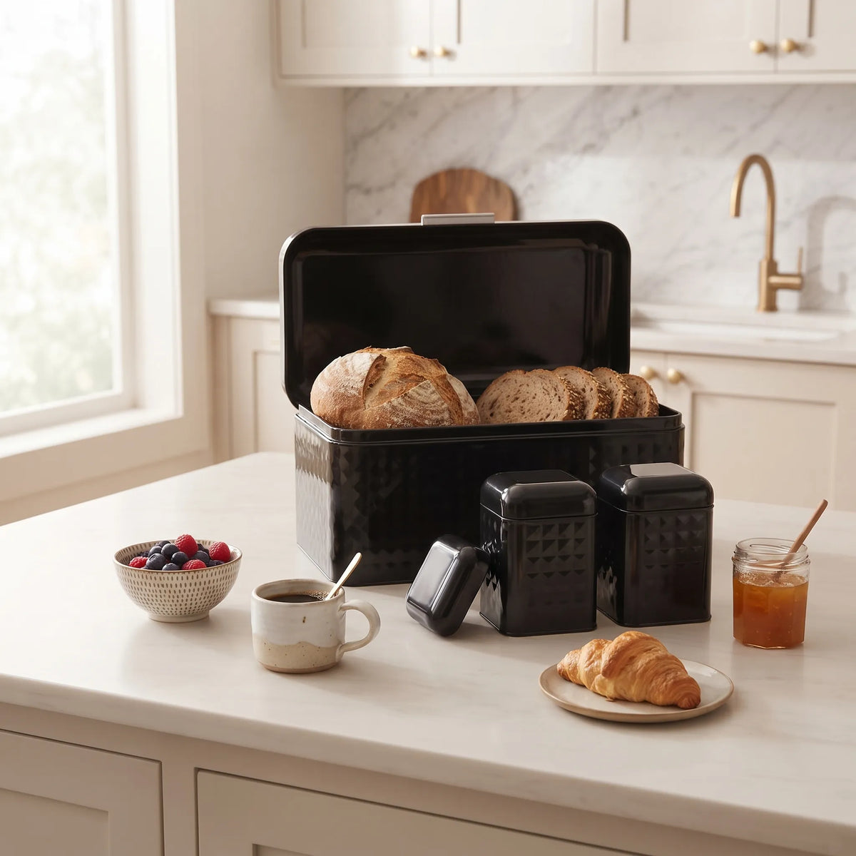 Maria Roma Black Prism Metal Bread Box and Canister Set of 4
