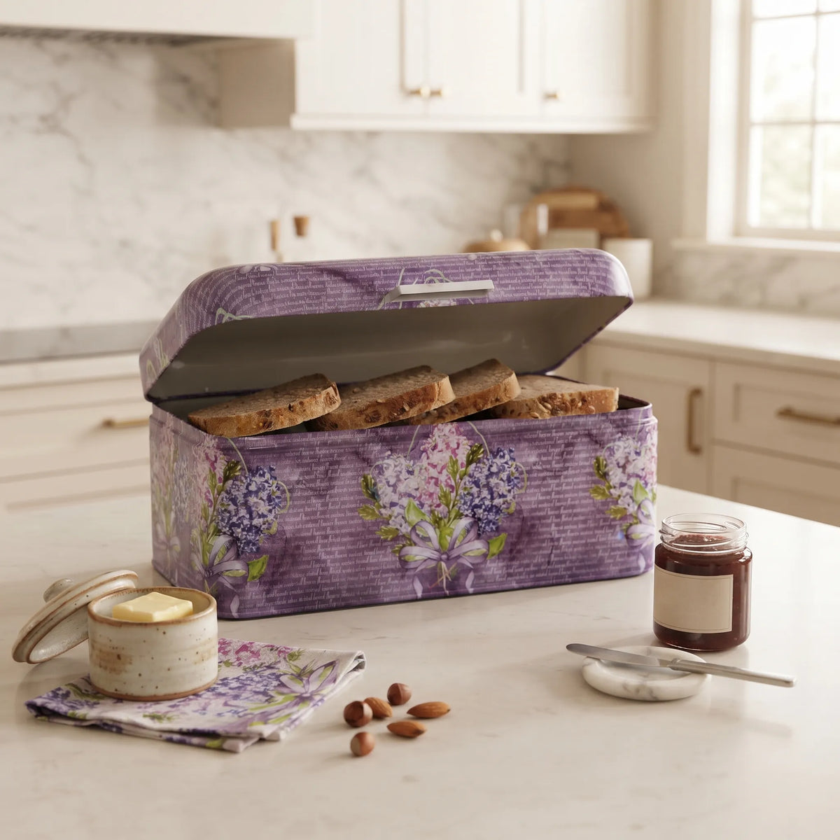 Maria Roma Flower Purple Metal Bread Box, 9 L