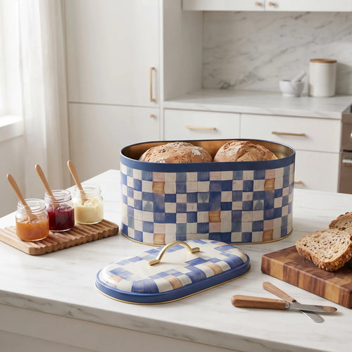 Maria Roma Blue Checkers Metal Bread Box, 7 L